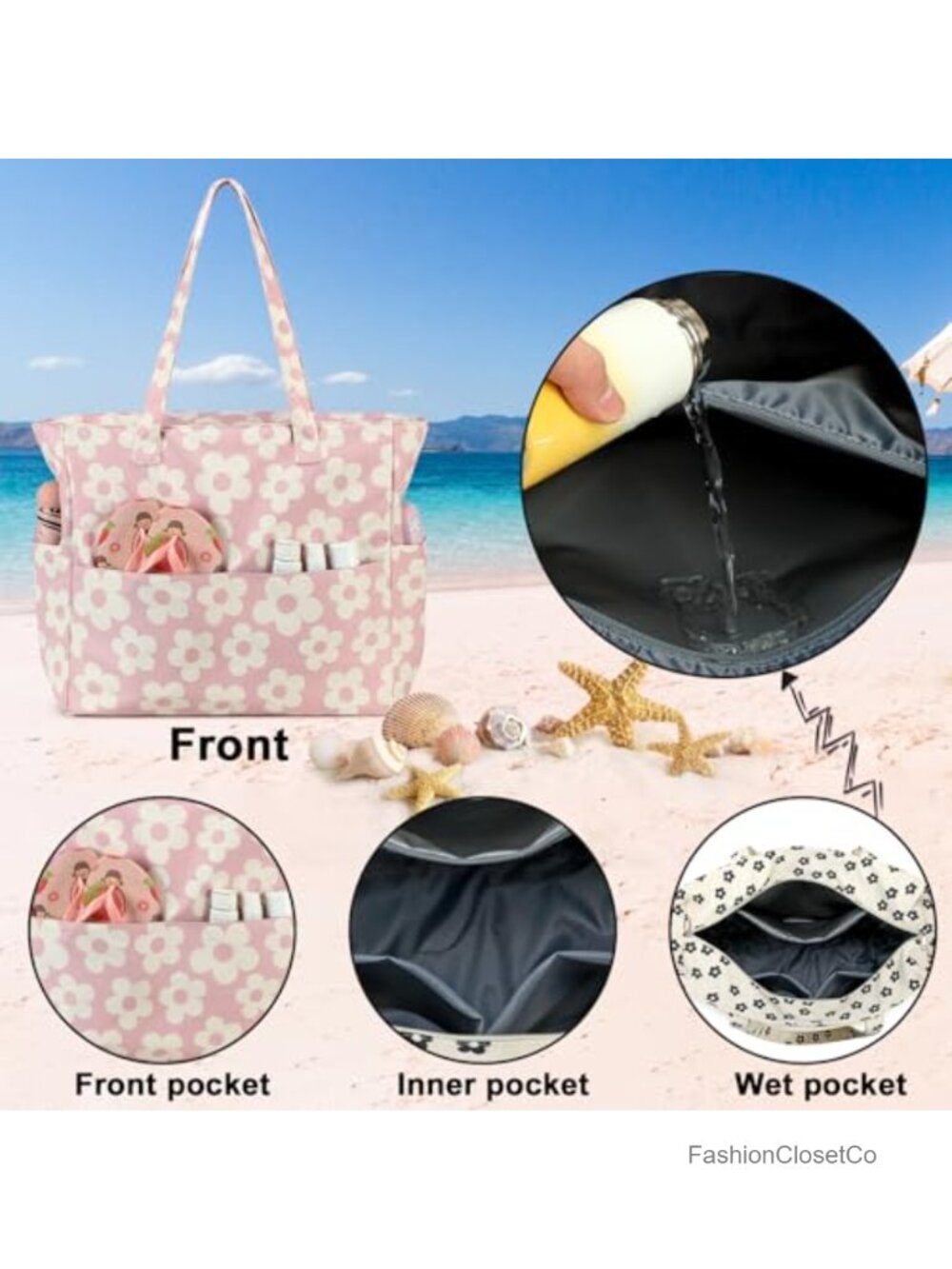 Waterproof Beach Tote Bag with Wet Compartment, Large Travel Pool Bag, Striped - Picture 2 of 5